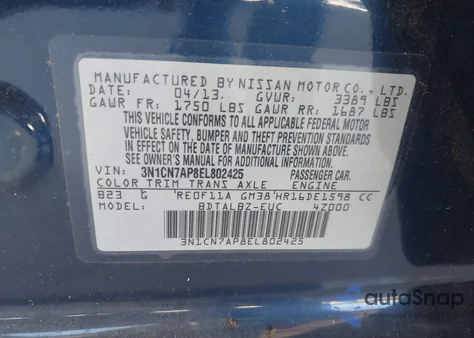 2014 Nissan Versa 1.6 Sv z USA, uszkodzony, nr VIN 3N1CN7AP8EL802425